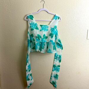 Vintage Blue Floral Sleeveless Crop Peplum Top with Open Back – Size Small